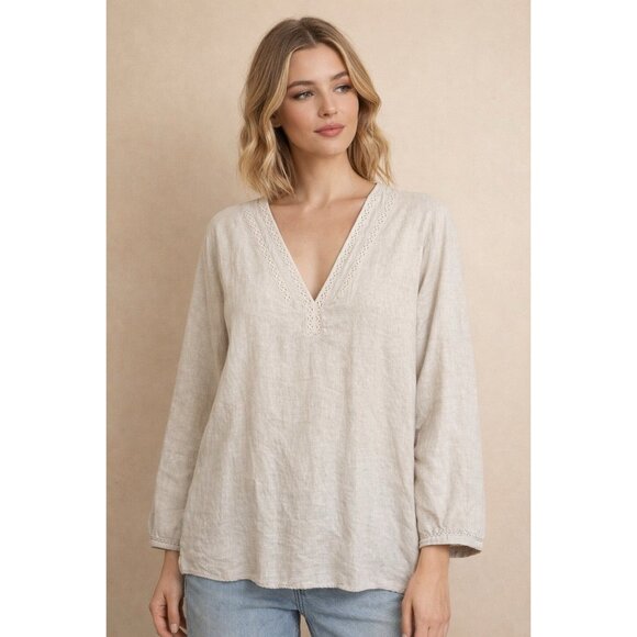 Chico's Tops - Chicos Tunic Top Womens 3 US 16 Beige Tan Linen V Neck Long Sleeve Boho Casual‎